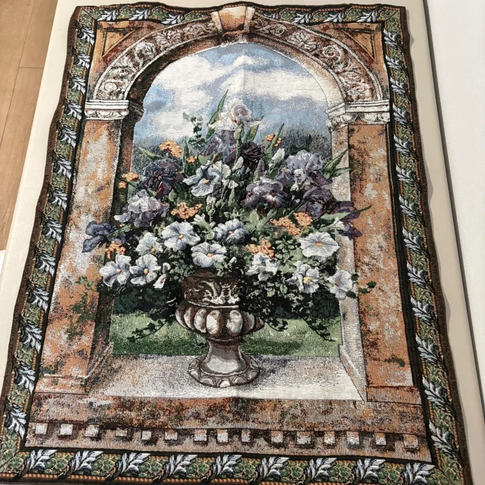 Sea Gull Floral Tapestry Wall Hanging Iris Flower Urn Archway Woven Art 34x26